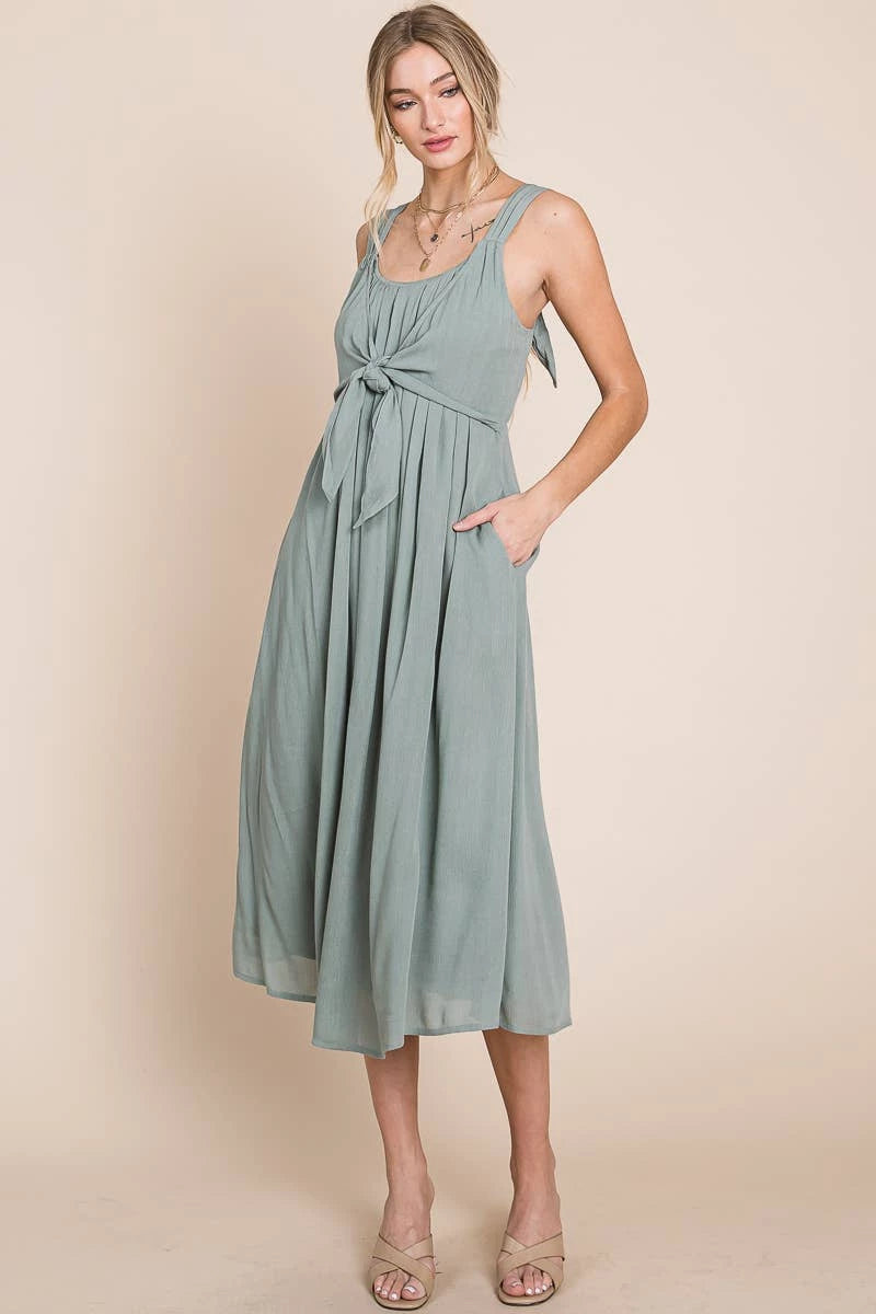 FINAL SALE Gauze Midi Dress with Front Tie Detail - Dusty Sage