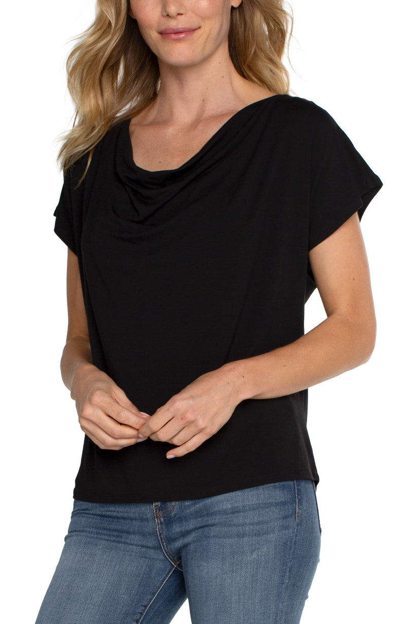 LIVERPOOL - SHORT SLEEVE KNIT TOP WITH DRAPED COWL NECK - BLACK