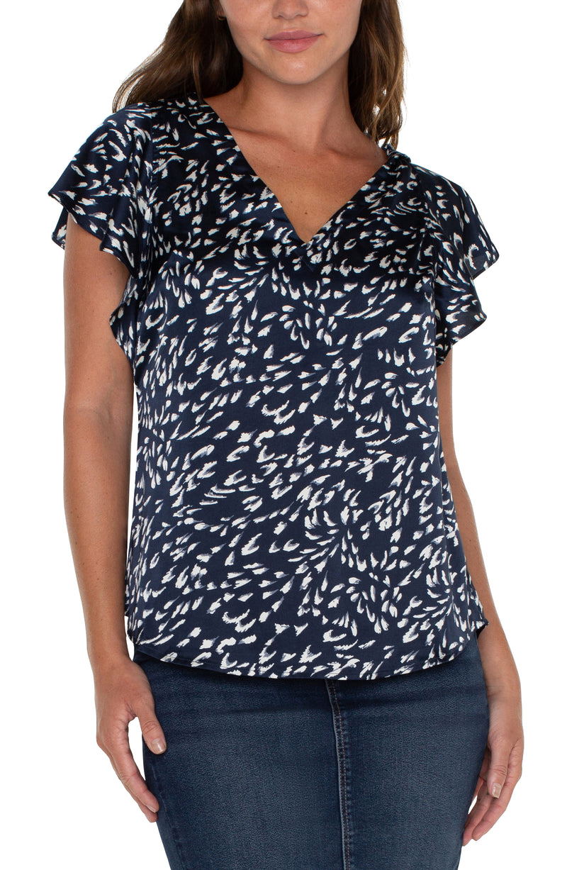 FINAL SALE LIVERPOOL - DOUBLE V-NECK FLUTTER SLEEVE TOP - NAVY