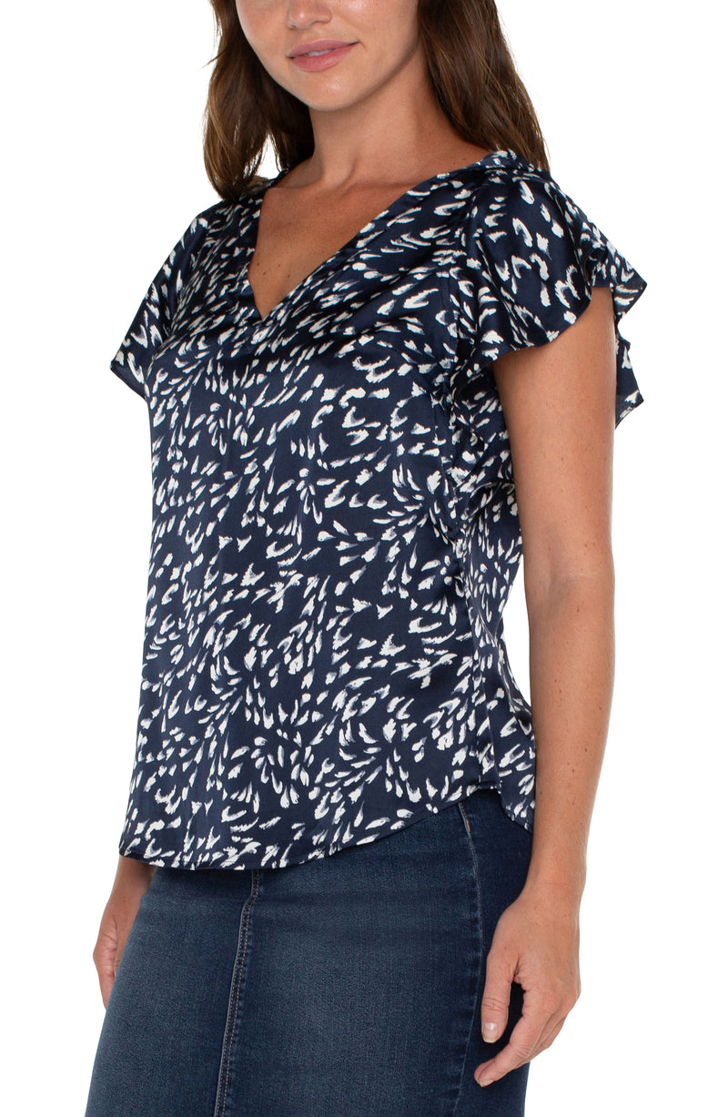 FINAL SALE LIVERPOOL - DOUBLE V-NECK FLUTTER SLEEVE TOP - NAVY
