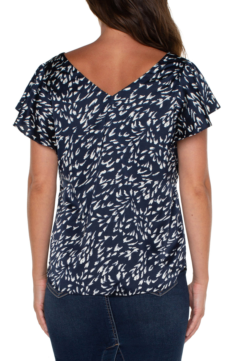 LIVERPOOL - DOUBLE V-NECK FLUTTER SLEEVE TOP - NAVY