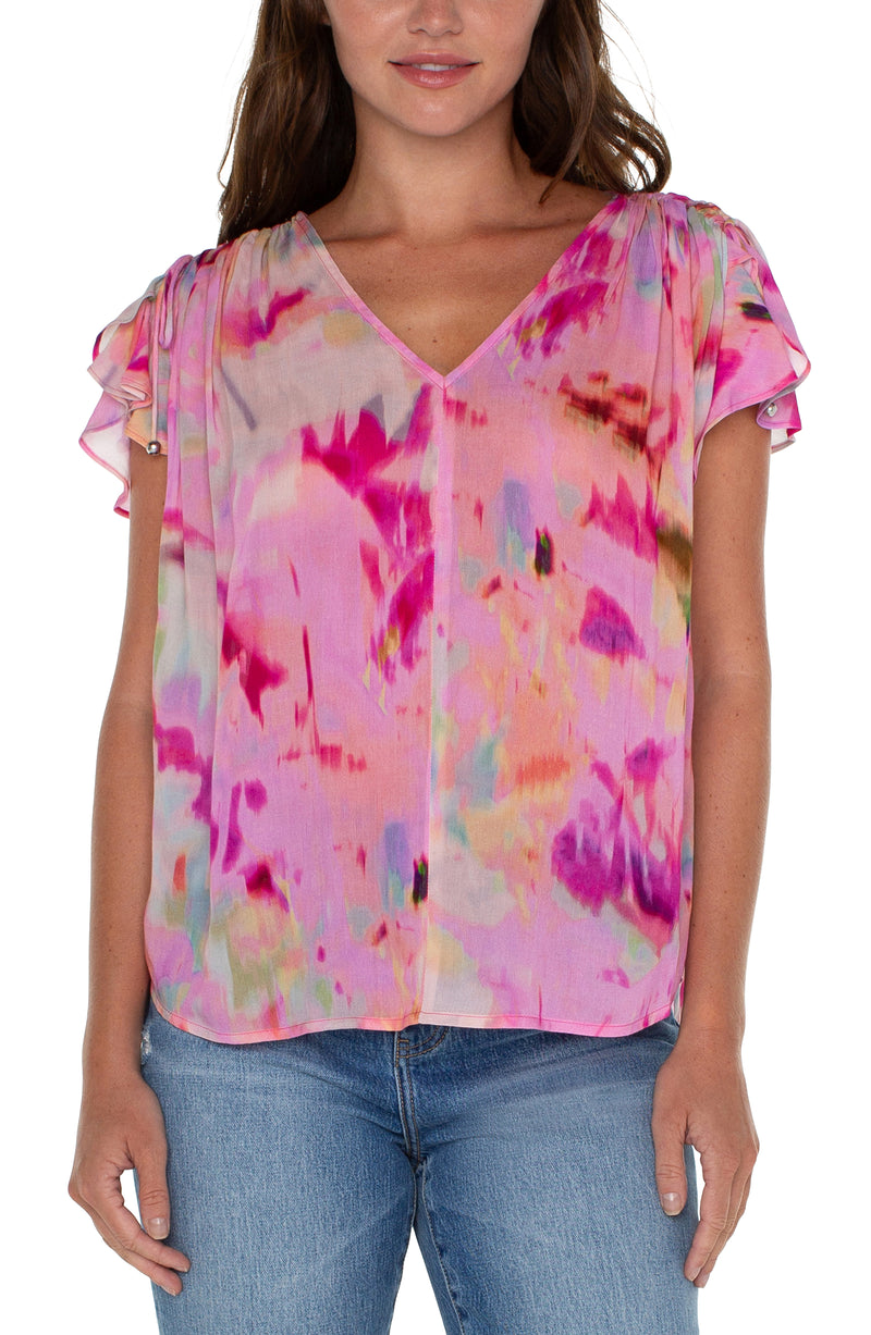 LIVERPOOL - SHIRRED V-NECK TOP WITH TIE DETAILS - FUCHSIA