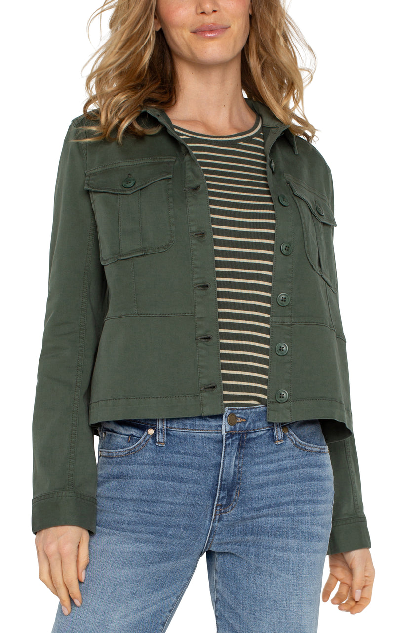 LIVERPOOL PEPLUM HEM TRUCKER JACKET - MOSS GREEN