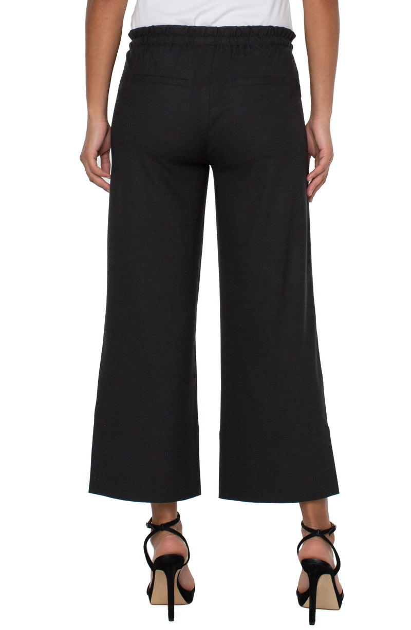 FINAL SALE LIVERPOOL PULL ON TIE WAIST WIDE LEG CROP PANT - BLACK