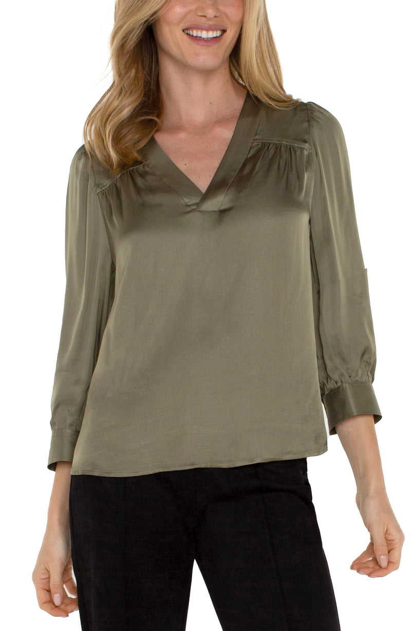 FINAL SALE LIVERPOOL LONG SLEEVE PLEATED NECK WOVEN BLOUSE - SPANISH OLIVE
