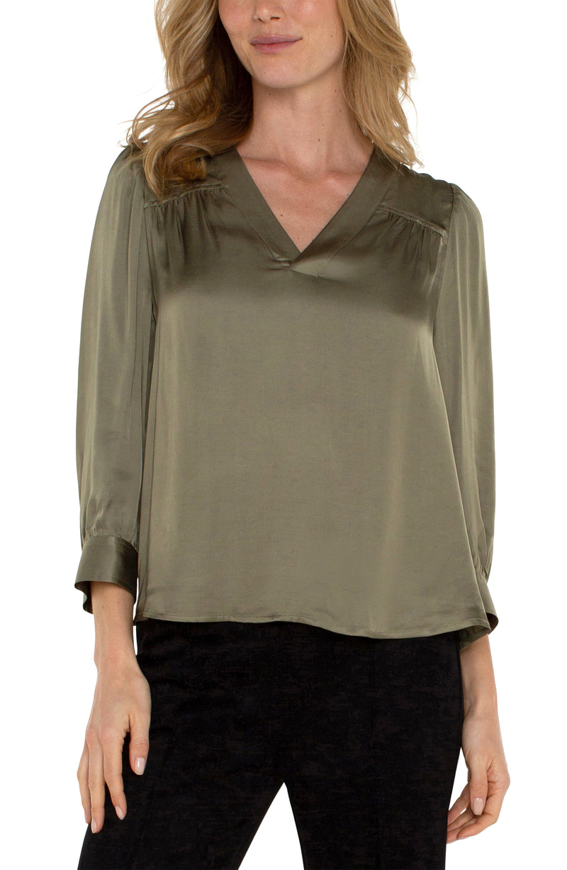 FINAL SALE LIVERPOOL LONG SLEEVE PLEATED NECK WOVEN BLOUSE - SPANISH OLIVE