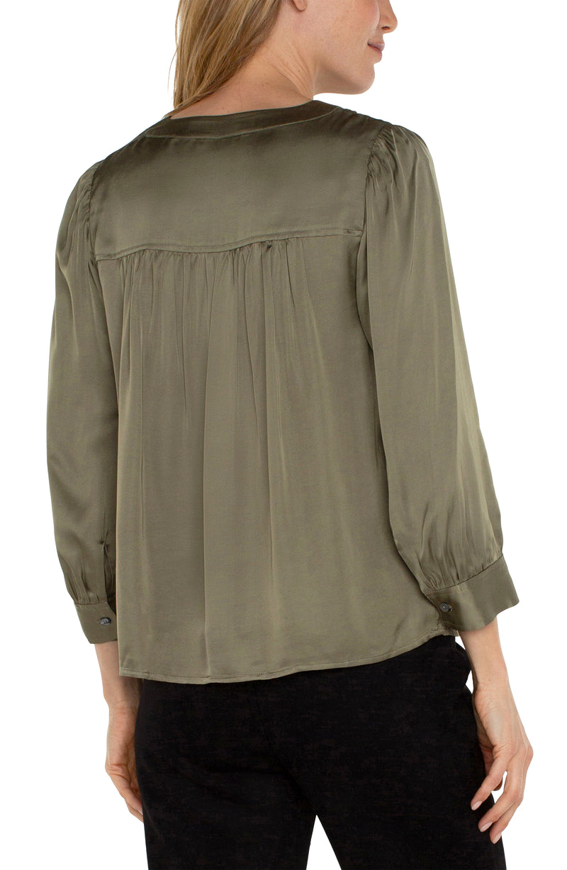 FINAL SALE LIVERPOOL LONG SLEEVE PLEATED NECK WOVEN BLOUSE - SPANISH OLIVE
