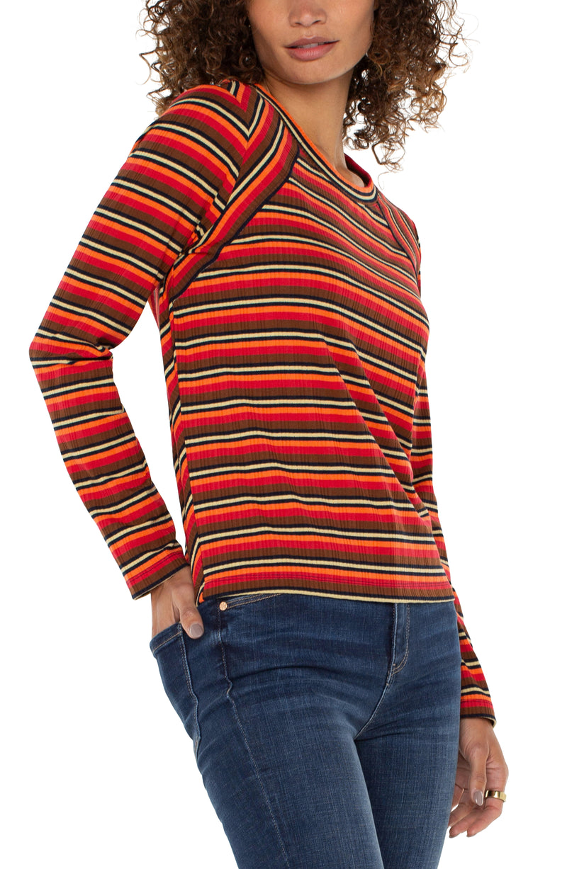 FINAL SALE LIVERPOOL LONG SLEEVE CREW NECK KNIT TOP WITH MITERING - BURNT ORANGE