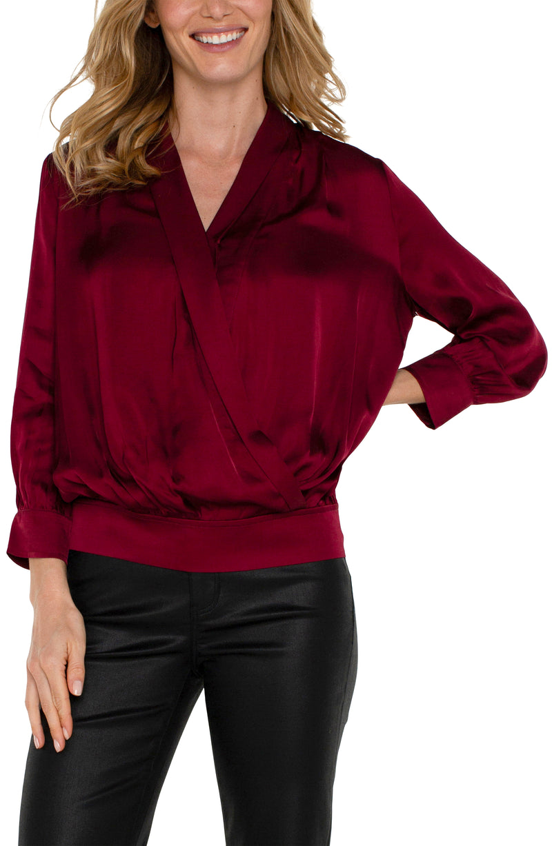 FINAL SALE LIVERPOOL SHAWL WRAP FRONT BRACELET SLEEVE BLOUSE - DARK PINOT NOIR