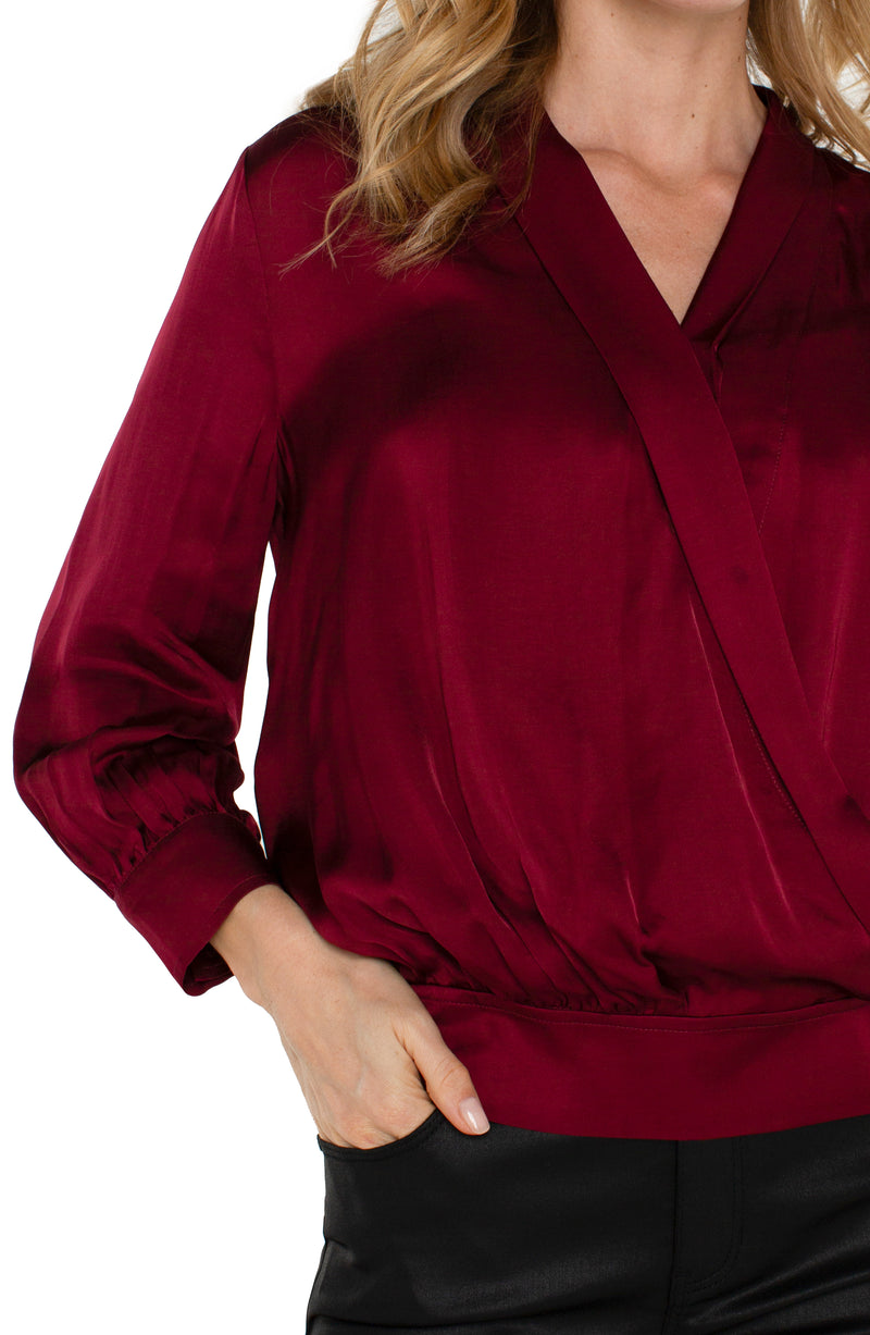 FINAL SALE LIVERPOOL SHAWL WRAP FRONT BRACELET SLEEVE BLOUSE - DARK PINOT NOIR