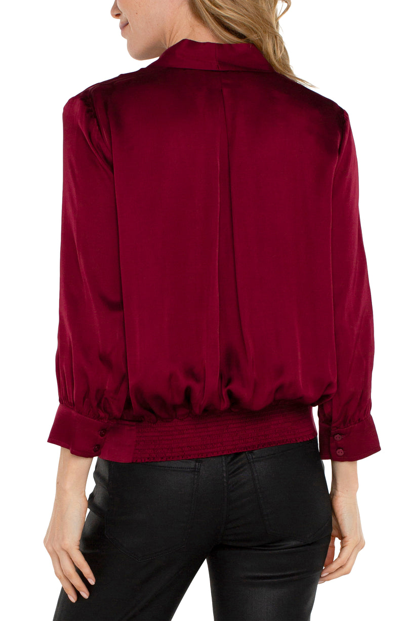 FINAL SALE LIVERPOOL SHAWL WRAP FRONT BRACELET SLEEVE BLOUSE - DARK PINOT NOIR