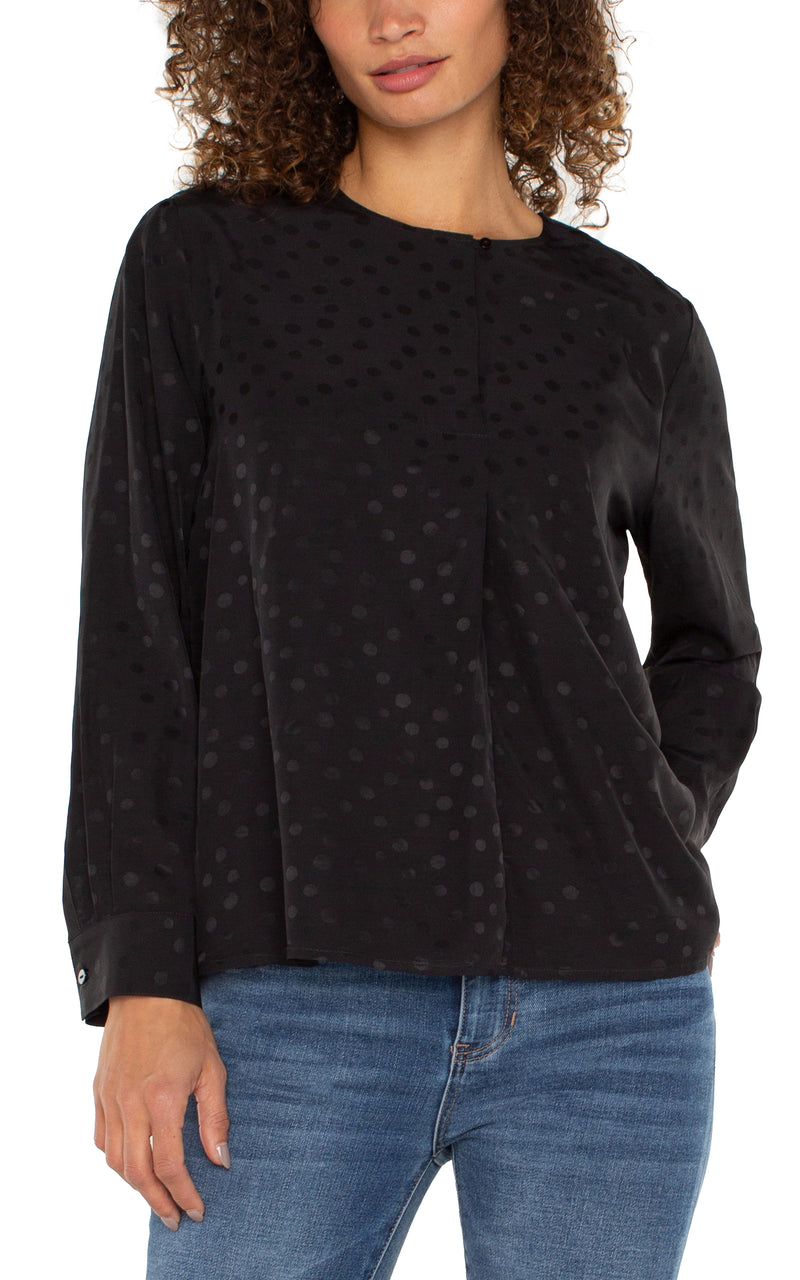 FINAL SALE LIVERPOOL LONG SLEEVE POPOVER WOVEN BLOUSE - BLACK DOT