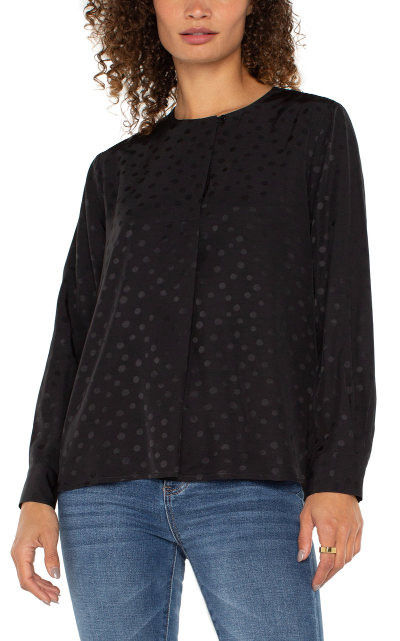 FINAL SALE LIVERPOOL LONG SLEEVE POPOVER WOVEN BLOUSE - BLACK DOT