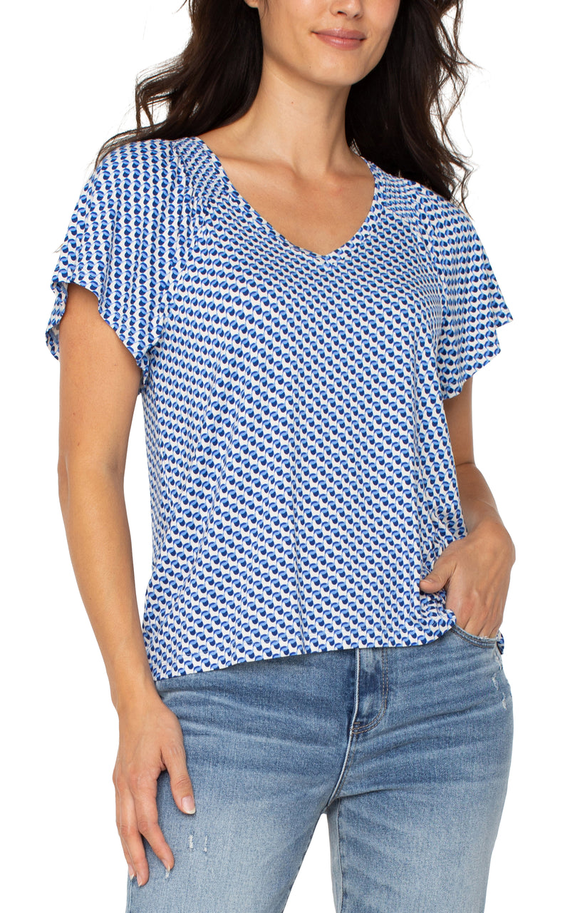 Liverpool Short Flutter Sleeve V-Neck Knit Top - Blue Geo