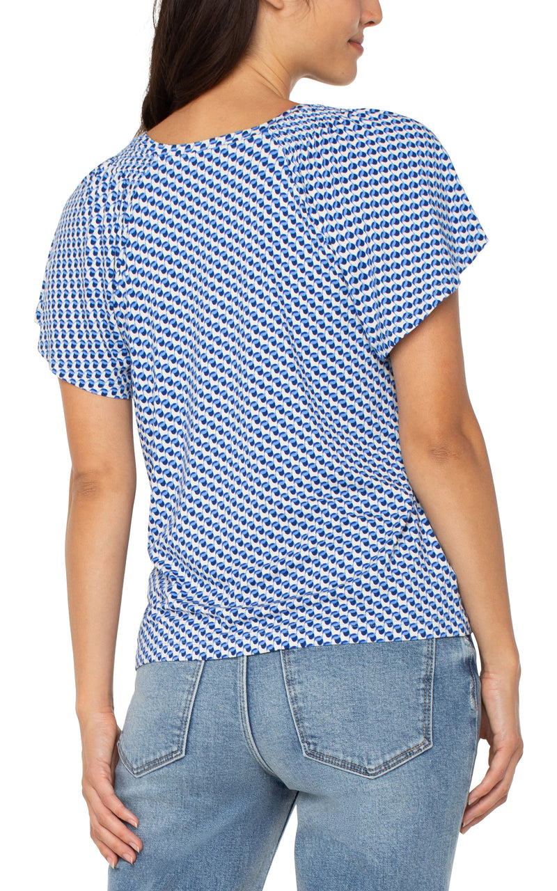 Liverpool Short Flutter Sleeve V-Neck Knit Top - Blue Geo