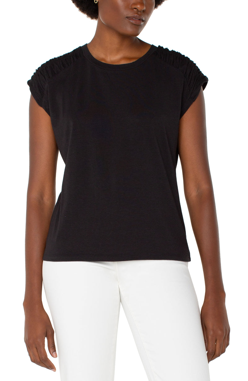 Liverpool Smocked Shoulder Scoop Neck Raglan Knit Top - Black