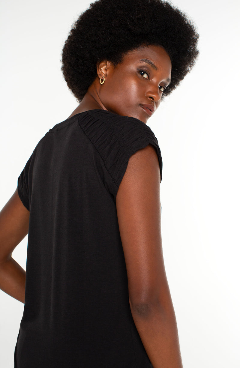 Liverpool Smocked Shoulder Scoop Neck Raglan Knit Top - Black