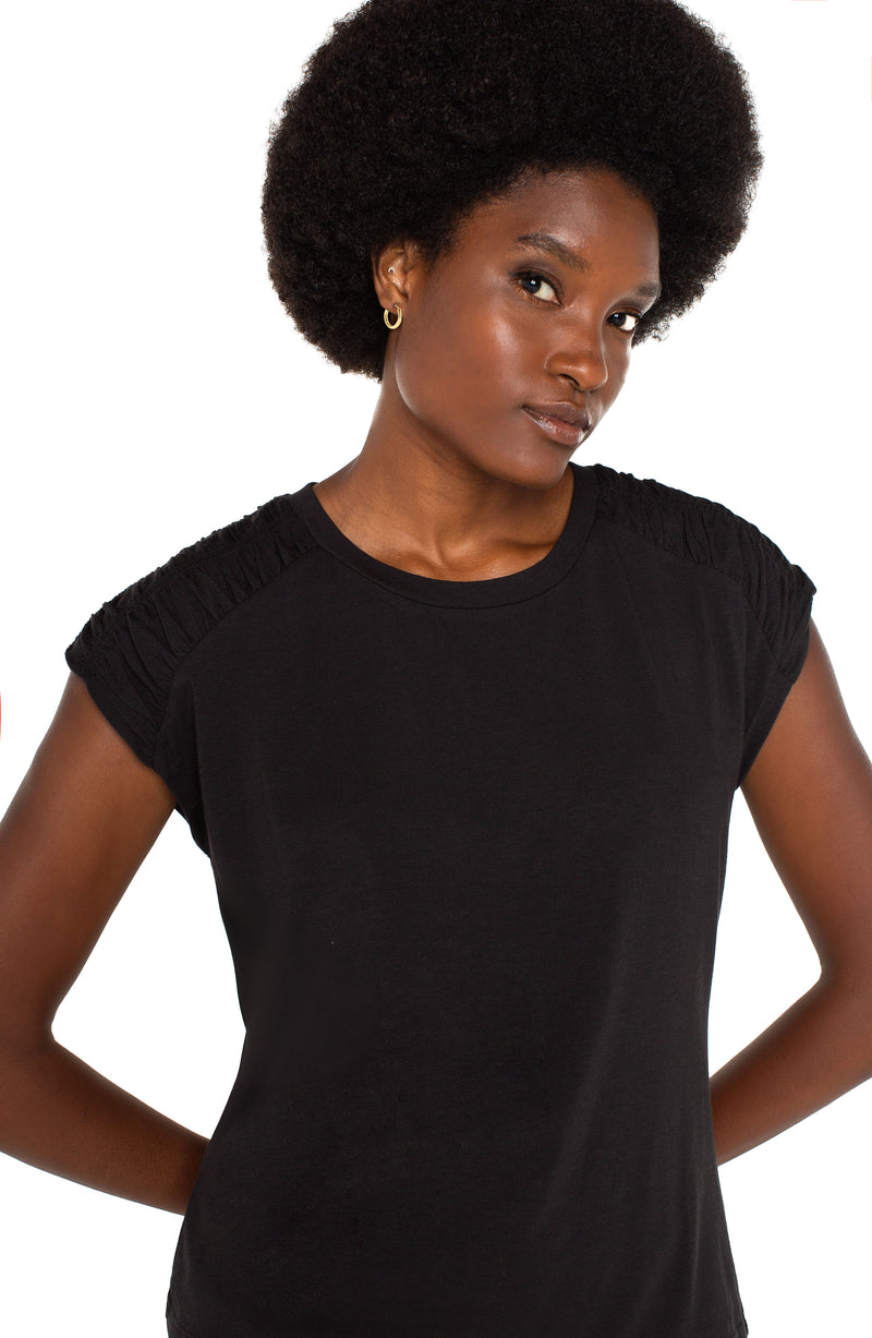 Liverpool Smocked Shoulder Scoop Neck Raglan Knit Top - Black