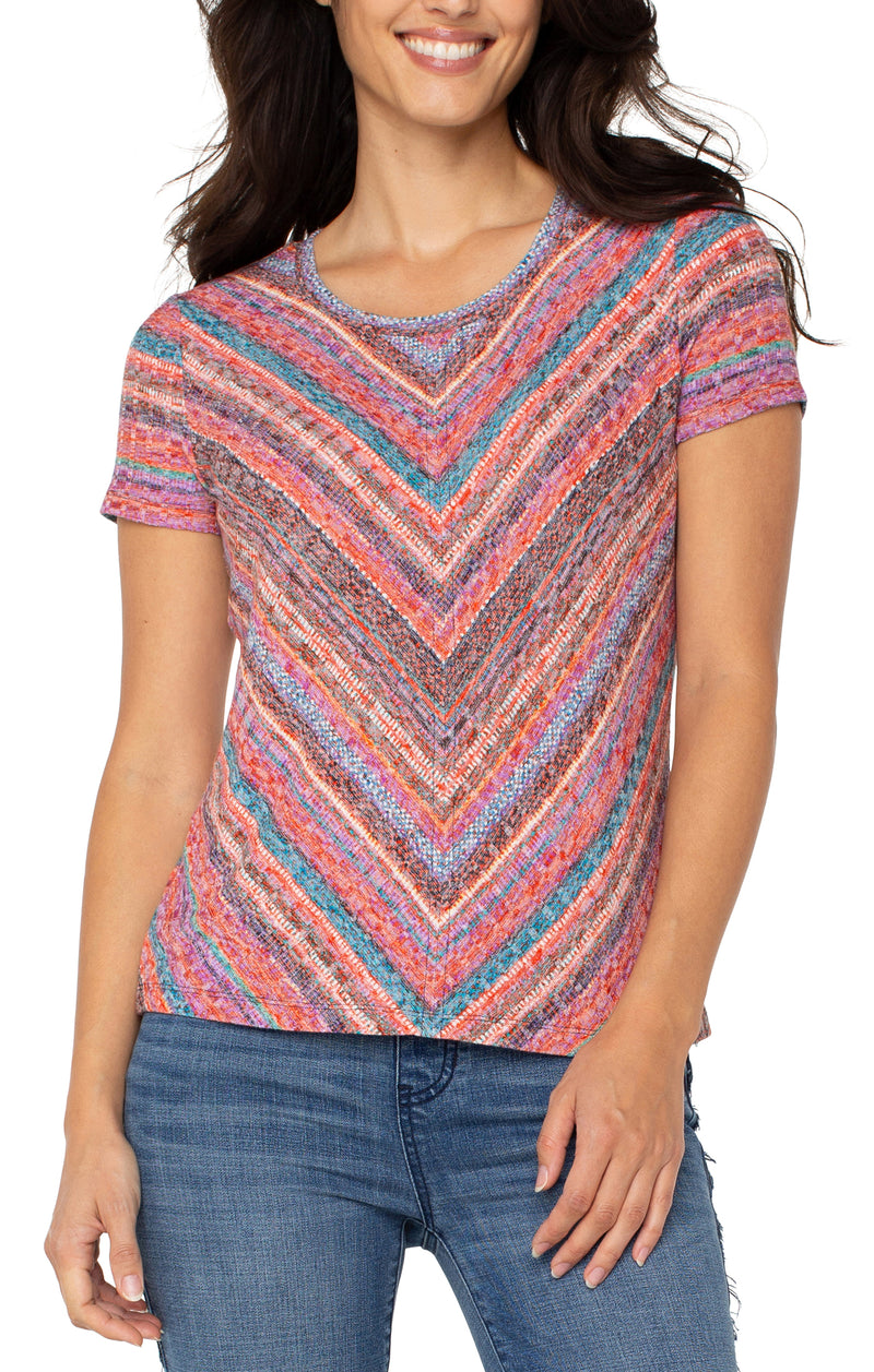 Liverpool Short Sleeve Scoop Neck Knit Top with Miter Front - Paradise