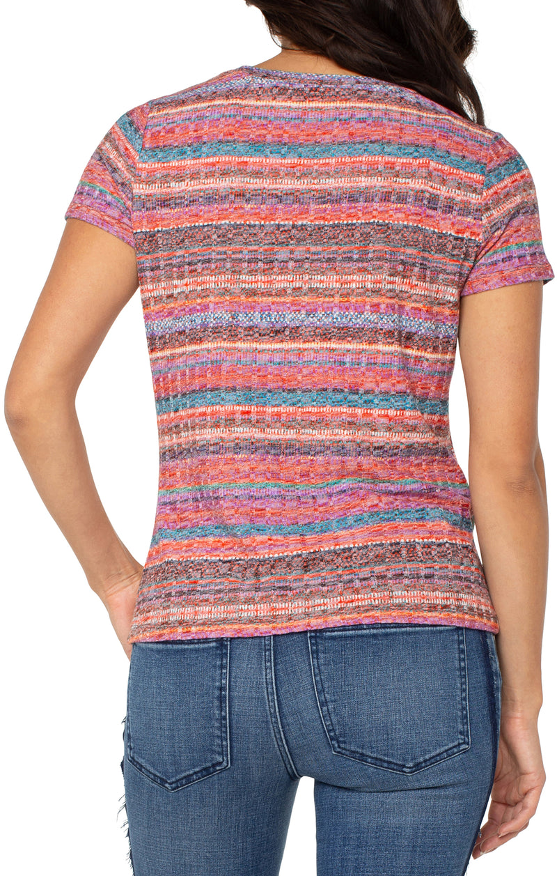 Liverpool Short Sleeve Scoop Neck Knit Top with Miter Front - Paradise