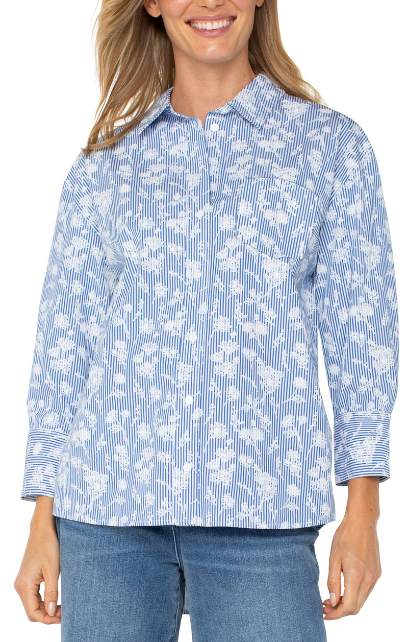 Liverpool Bracelet Sleeve Oversized Button Down Woven Shirt - Blue White Floral Stripe