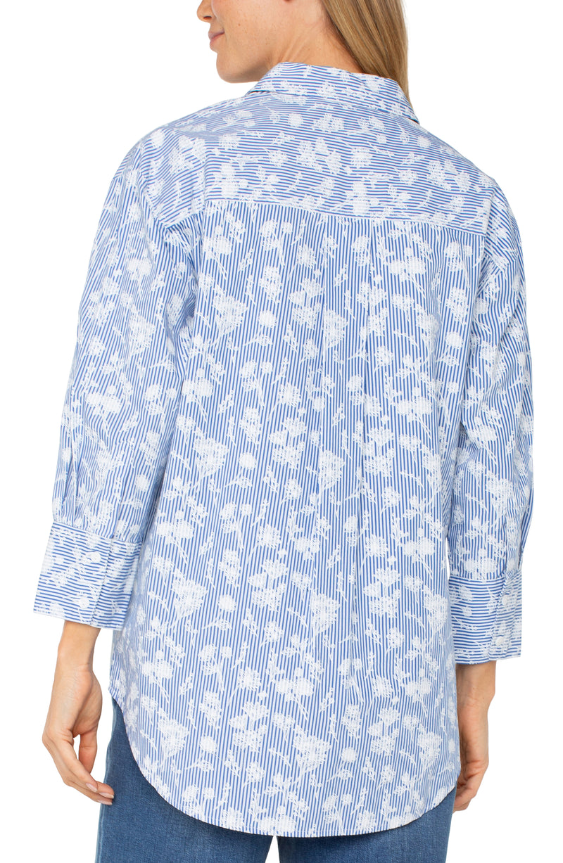 Liverpool Bracelet Sleeve Oversized Button Down Woven Shirt - Blue White Floral Stripe