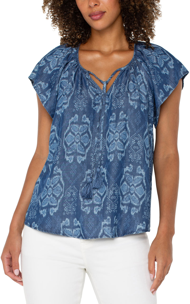 Liverpool Flutter Sleeve Woven Top w/Front Tie Detail - Tribal Allover
