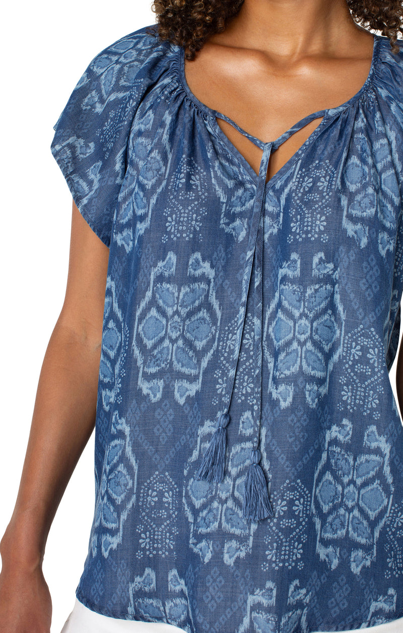 Liverpool Flutter Sleeve Woven Top w/Front Tie Detail - Tribal Allover