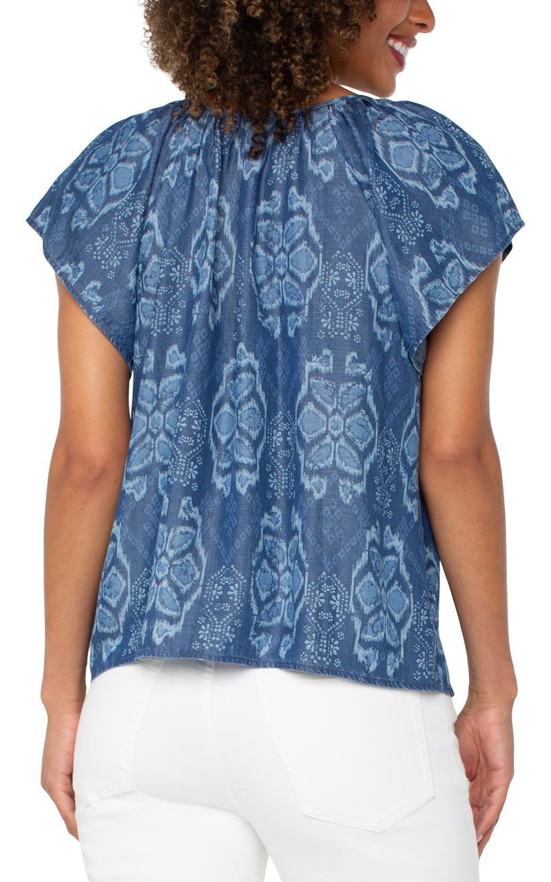 Liverpool Flutter Sleeve Woven Top w/Front Tie Detail - Tribal Allover