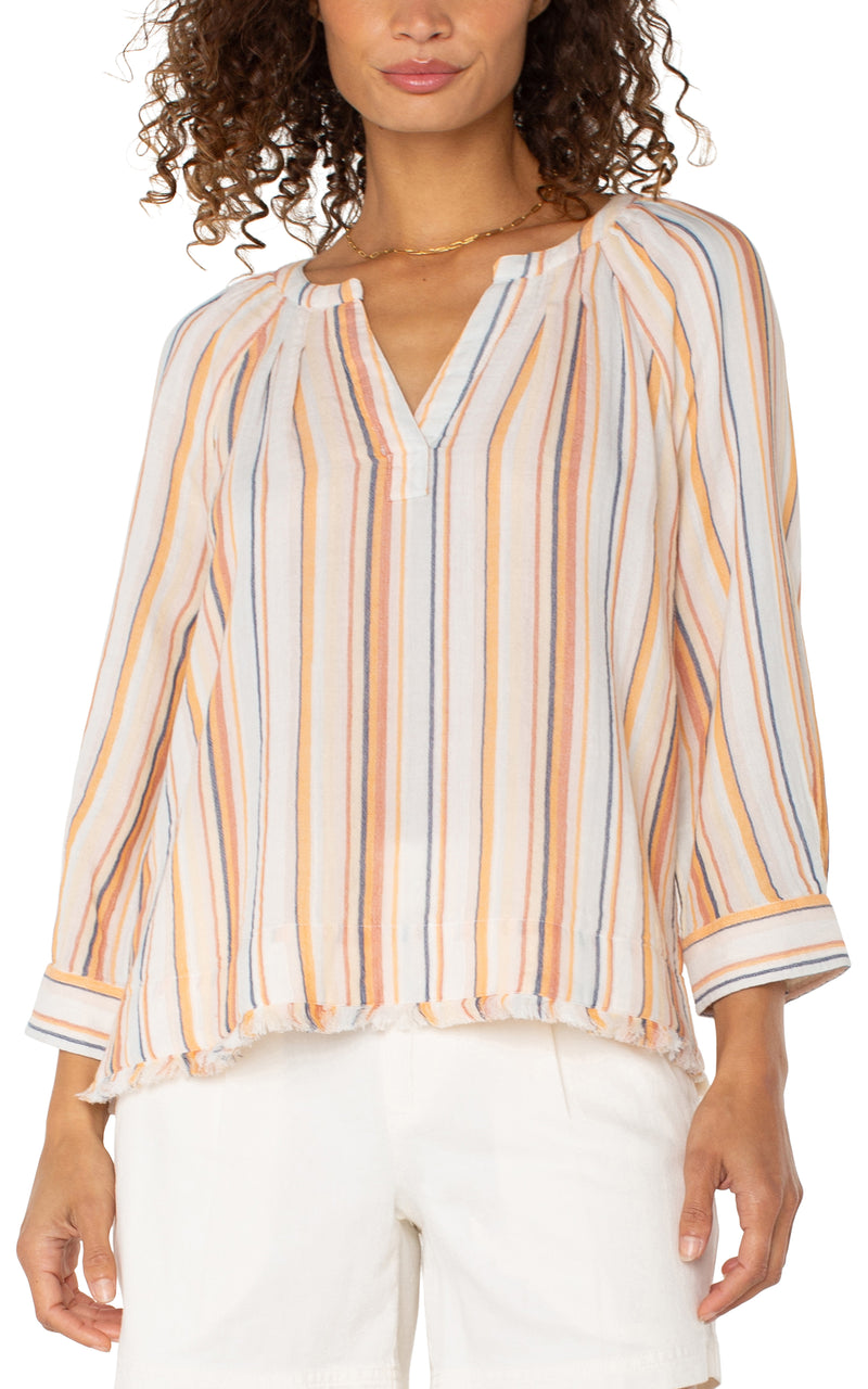 Liverpool 3/4 Sleeve Pleated Raglan Woven Top w/Fray Hem - Orange Multi
