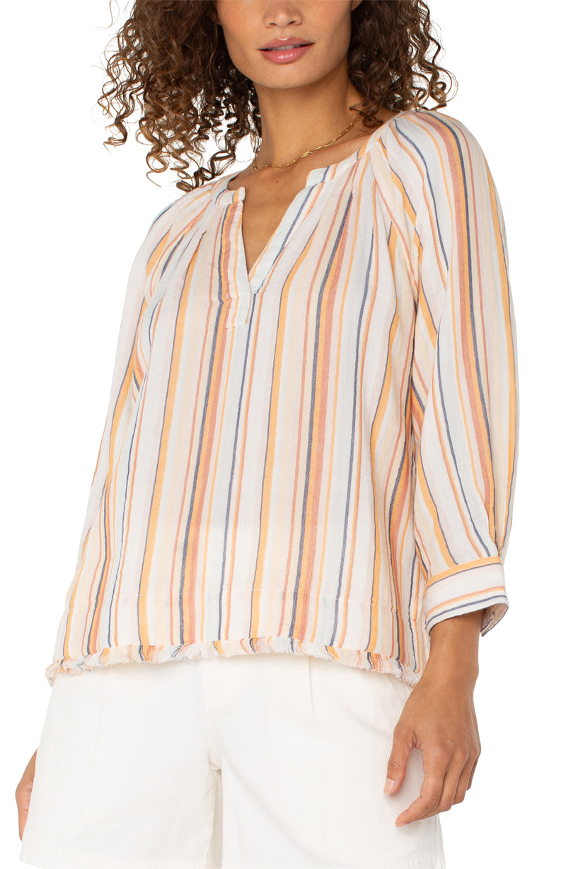 Liverpool 3/4 Sleeve Pleated Raglan Woven Top w/Fray Hem - Orange Multi
