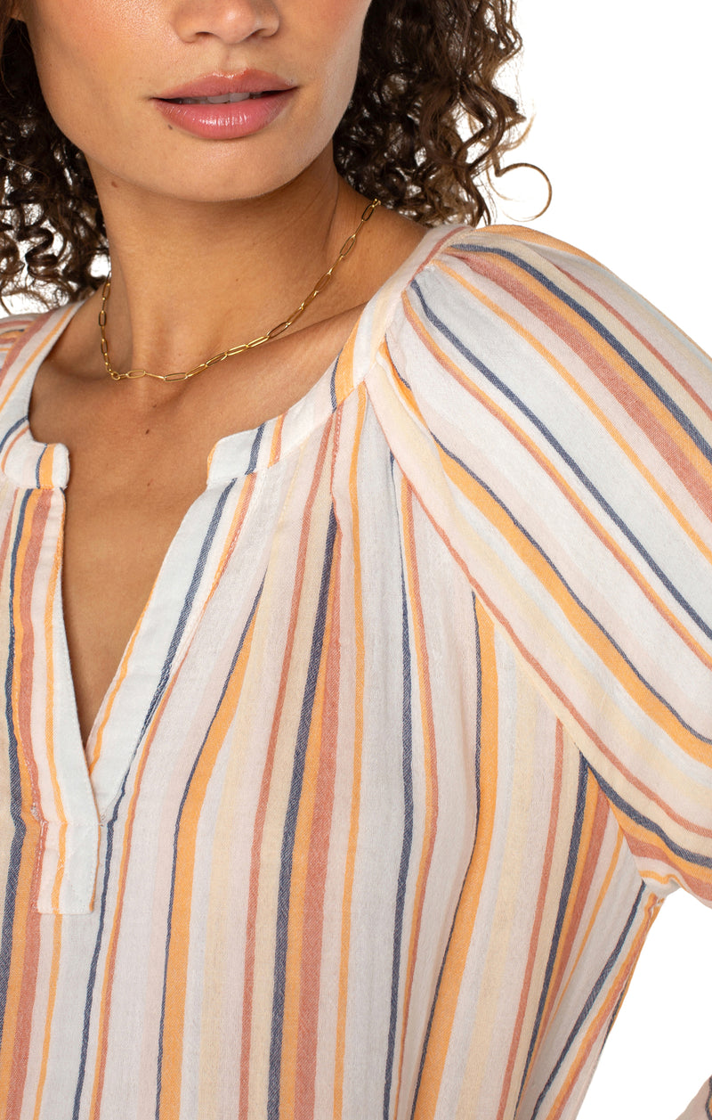 Liverpool 3/4 Sleeve Pleated Raglan Woven Top w/Fray Hem - Orange Multi