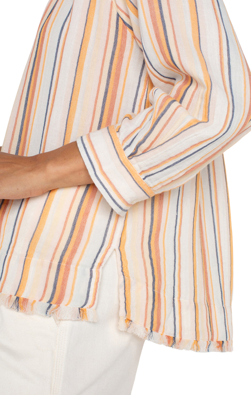 Liverpool 3/4 Sleeve Pleated Raglan Woven Top w/Fray Hem - Orange Multi