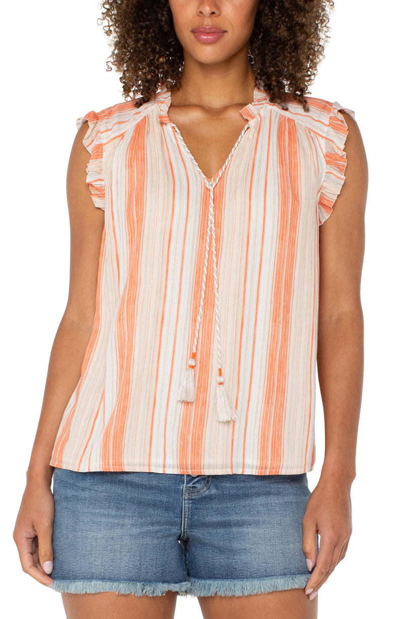 Liverpool Short Sleeve Woven Blouse w/Ties - Orange Tan Stripe