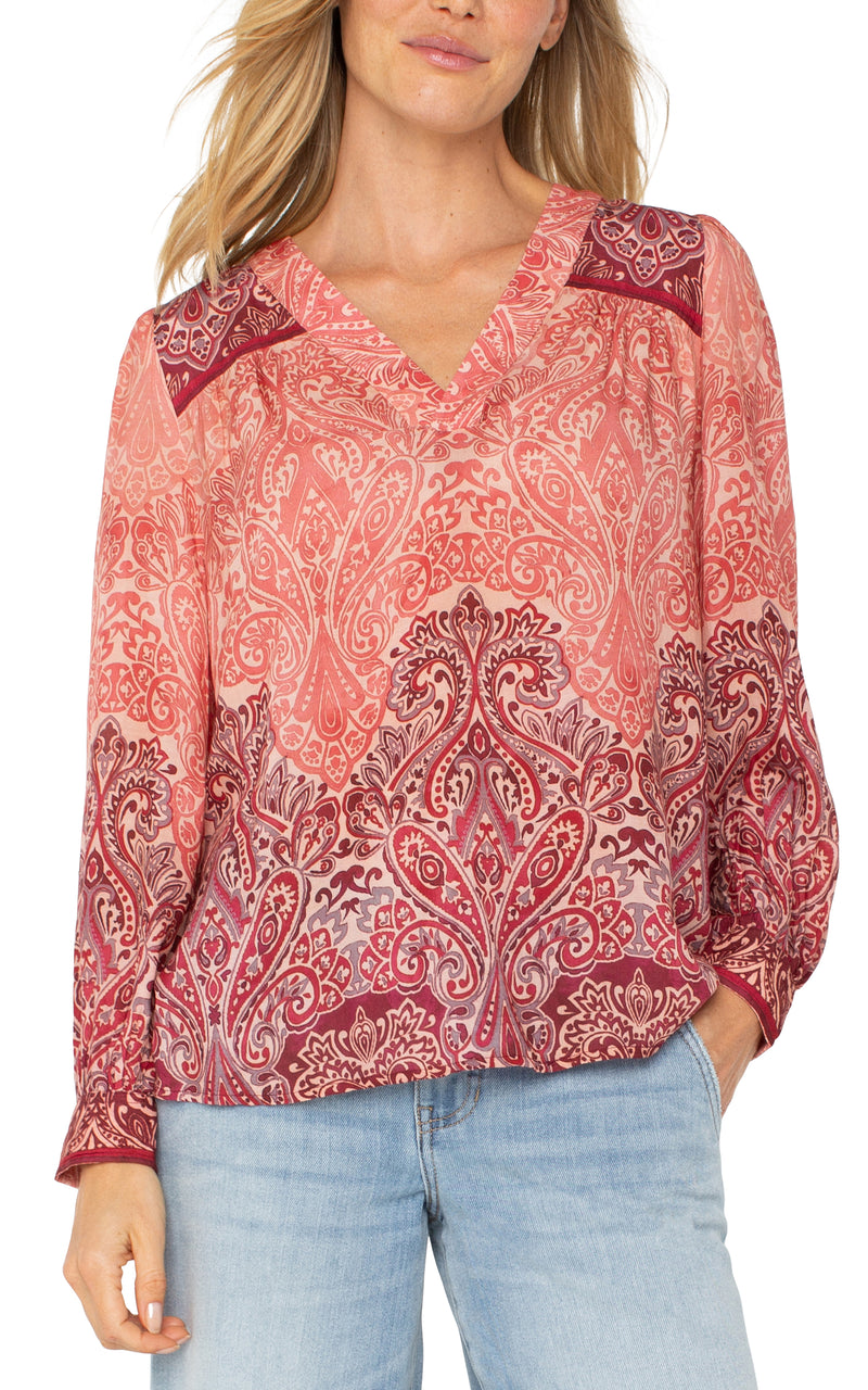 Liverpool Long Sleeve V-Neck Popover Woven Blouse - Mauve Ombre Paisley