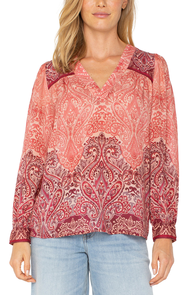 Liverpool Long Sleeve V-Neck Popover Woven Blouse - Mauve Ombre Paisley