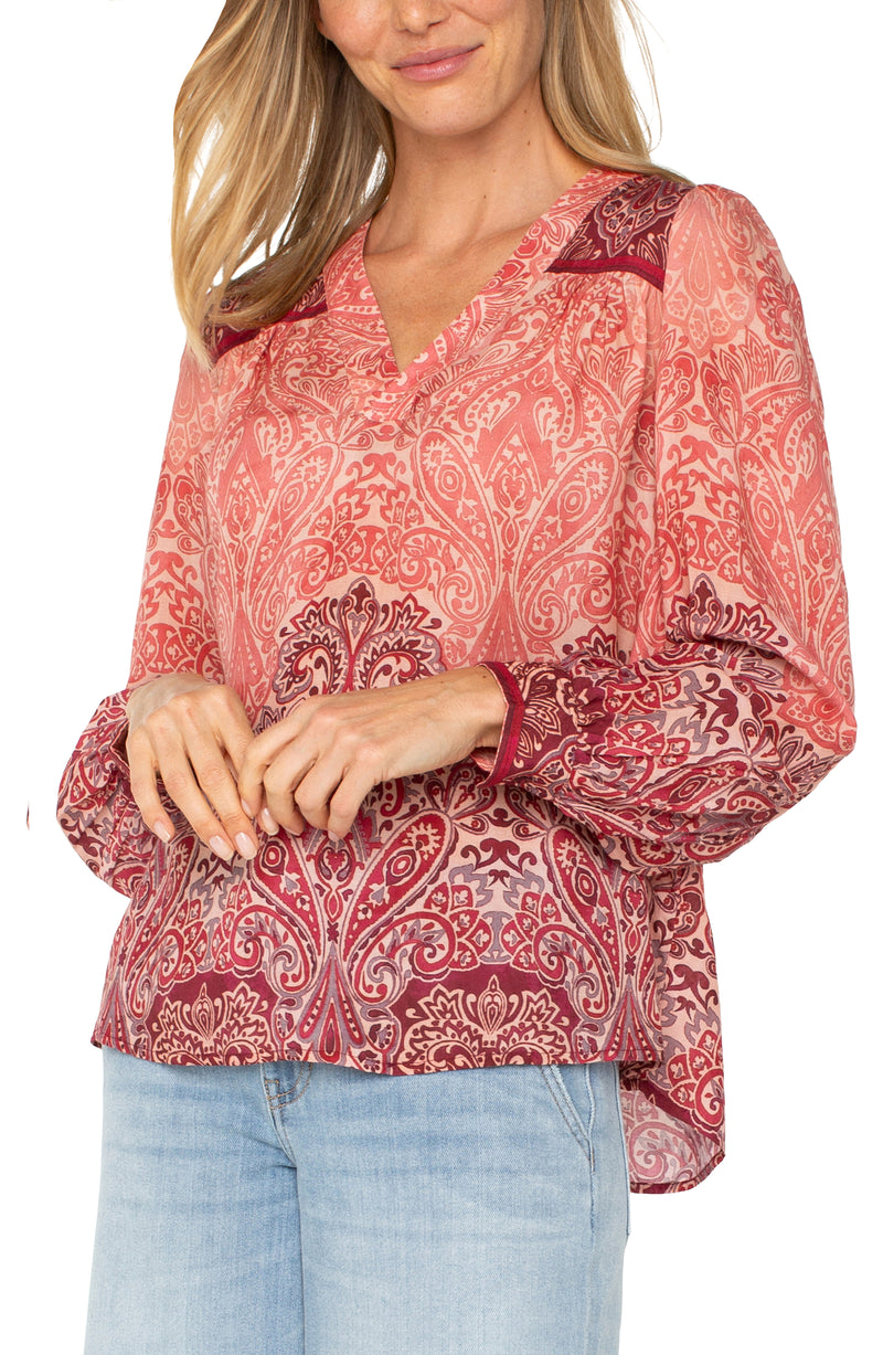 Liverpool Long Sleeve V-Neck Popover Woven Blouse - Mauve Ombre Paisley