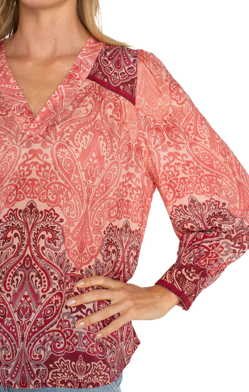 Liverpool Long Sleeve V-Neck Popover Woven Blouse - Mauve Ombre Paisley