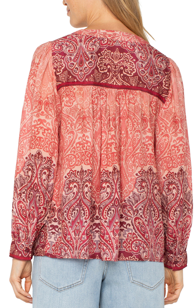Liverpool Long Sleeve V-Neck Popover Woven Blouse - Mauve Ombre Paisley