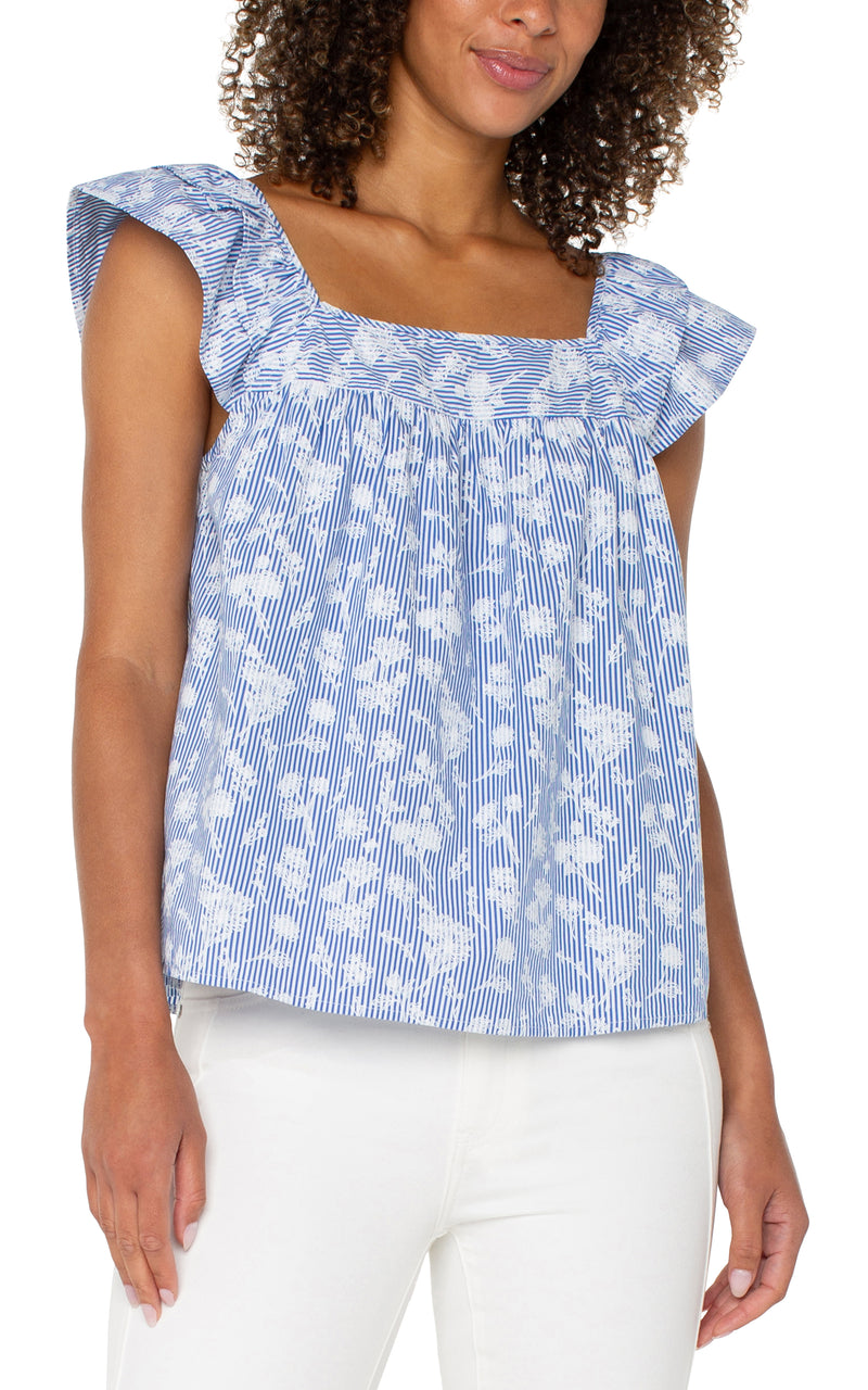 Liverpool Short Sleeve Square Neck Blouse - Blue White Floral Stripe