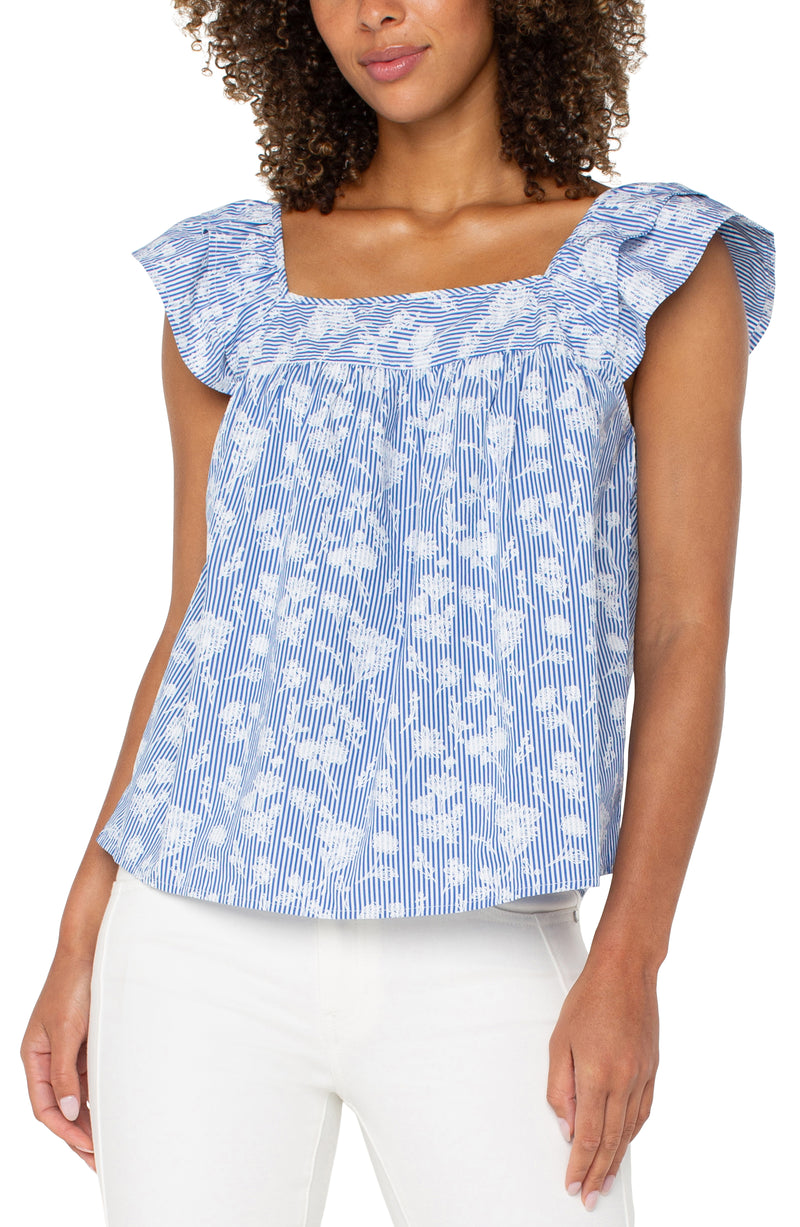 Liverpool Short Sleeve Square Neck Blouse - Blue White Floral Stripe