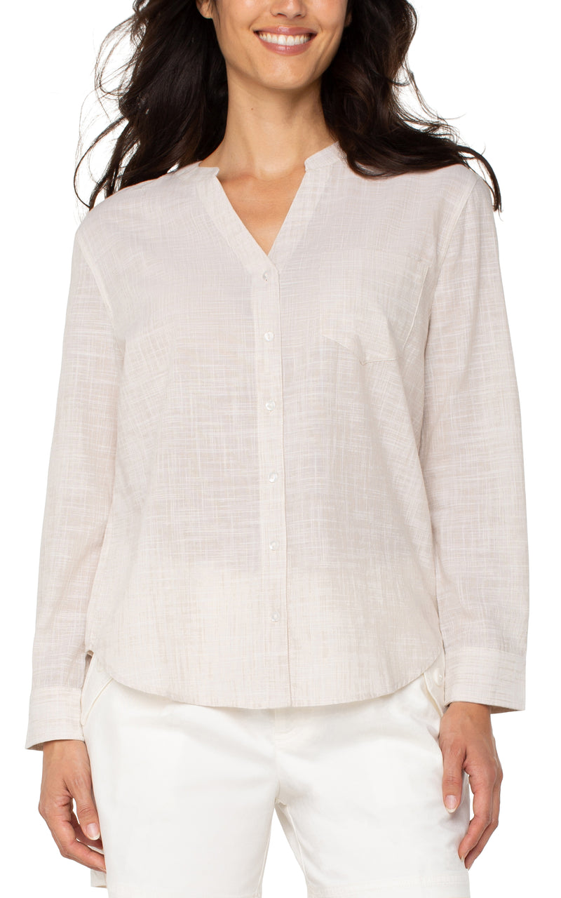 FINAL SALE Liverpool Long Sleeve Front Woven Shirt w/Banded Collar - Light Tan