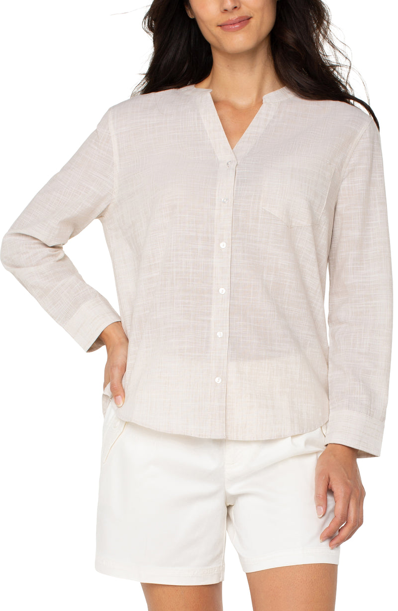 FINAL SALE Liverpool Long Sleeve Front Woven Shirt w/Banded Collar - Light Tan