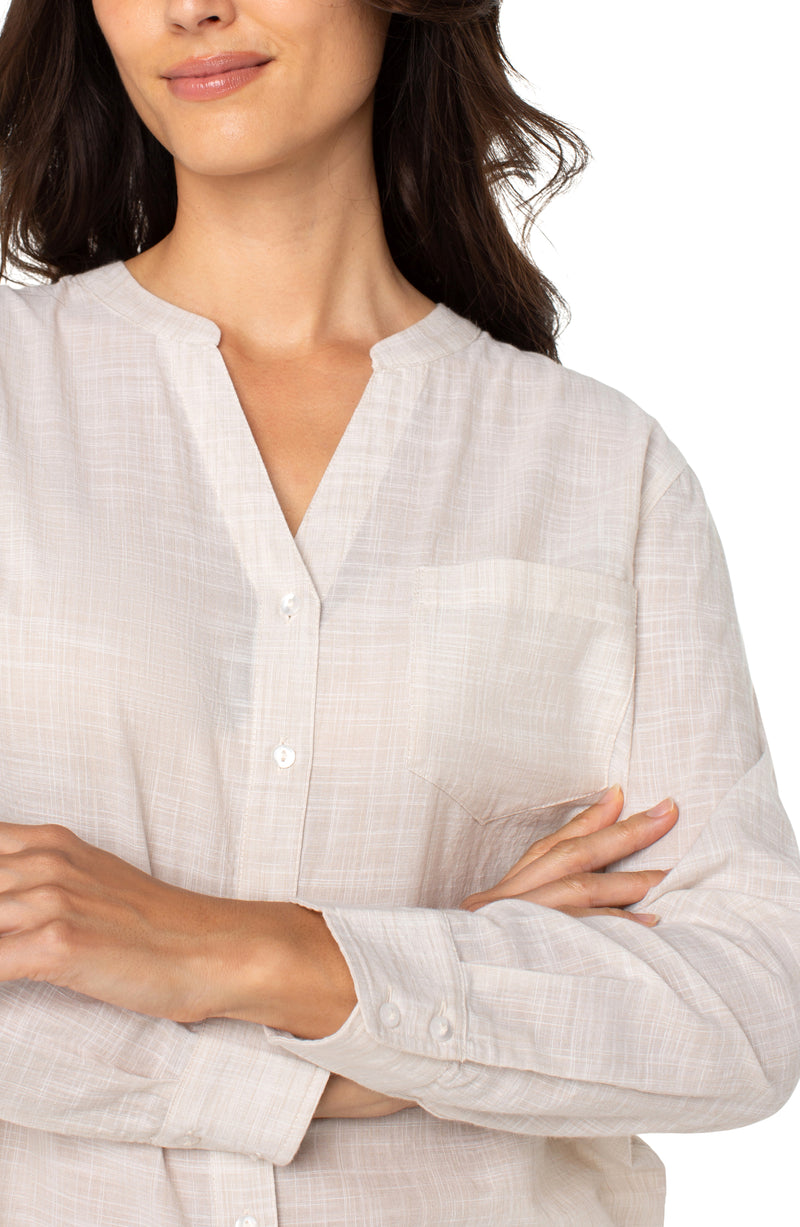 FINAL SALE Liverpool Long Sleeve Front Woven Shirt w/Banded Collar - Light Tan
