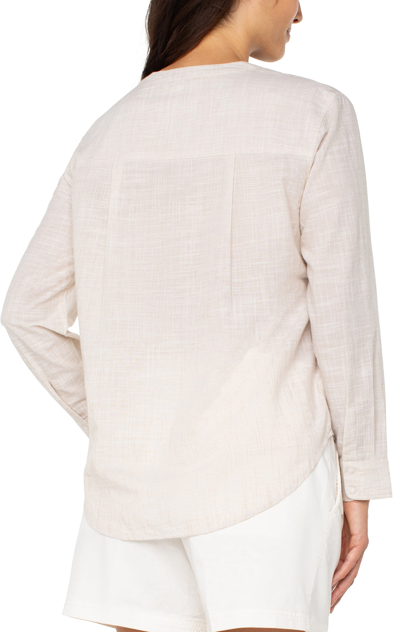 FINAL SALE Liverpool Long Sleeve Front Woven Shirt w/Banded Collar - Light Tan