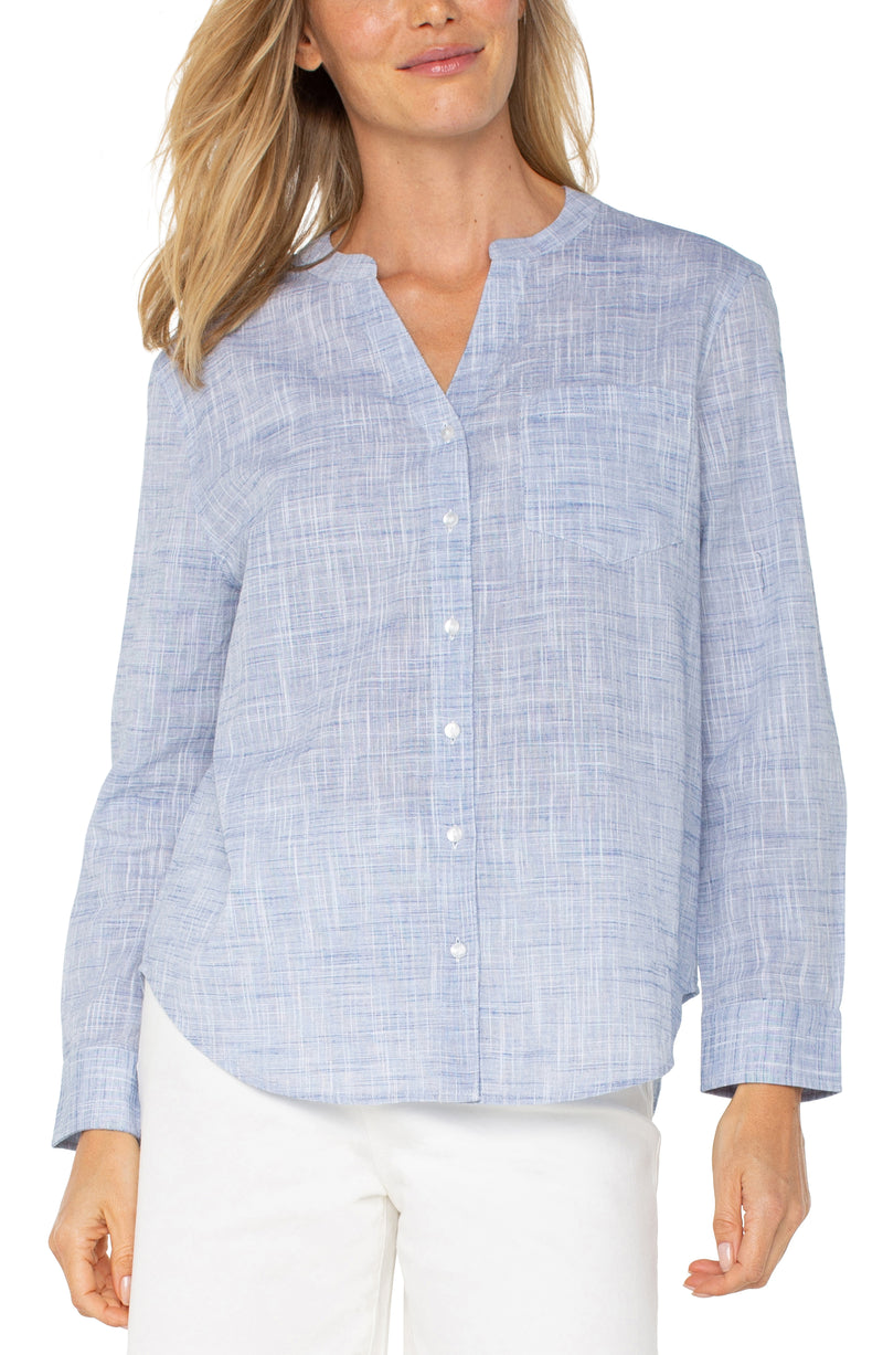FINAL SALE Liverpool Long Sleeve Front Woven Shirt w/Banded Collar - Blue