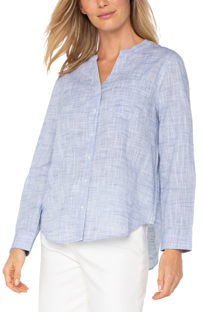 FINAL SALE Liverpool Long Sleeve Front Woven Shirt w/Banded Collar - Blue