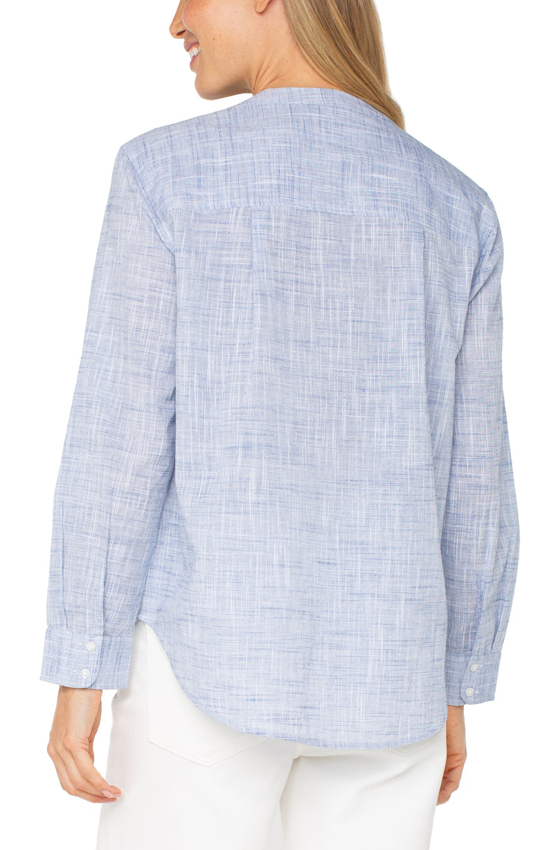 FINAL SALE Liverpool Long Sleeve Front Woven Shirt w/Banded Collar - Blue