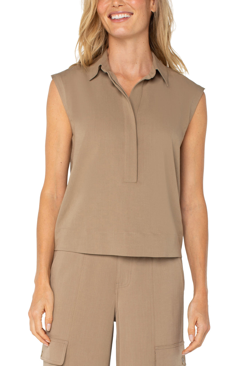 FINAL SALE Liverpool Sleeveless Cropped Shirt w/ Elastic at Waist - Palo Santo