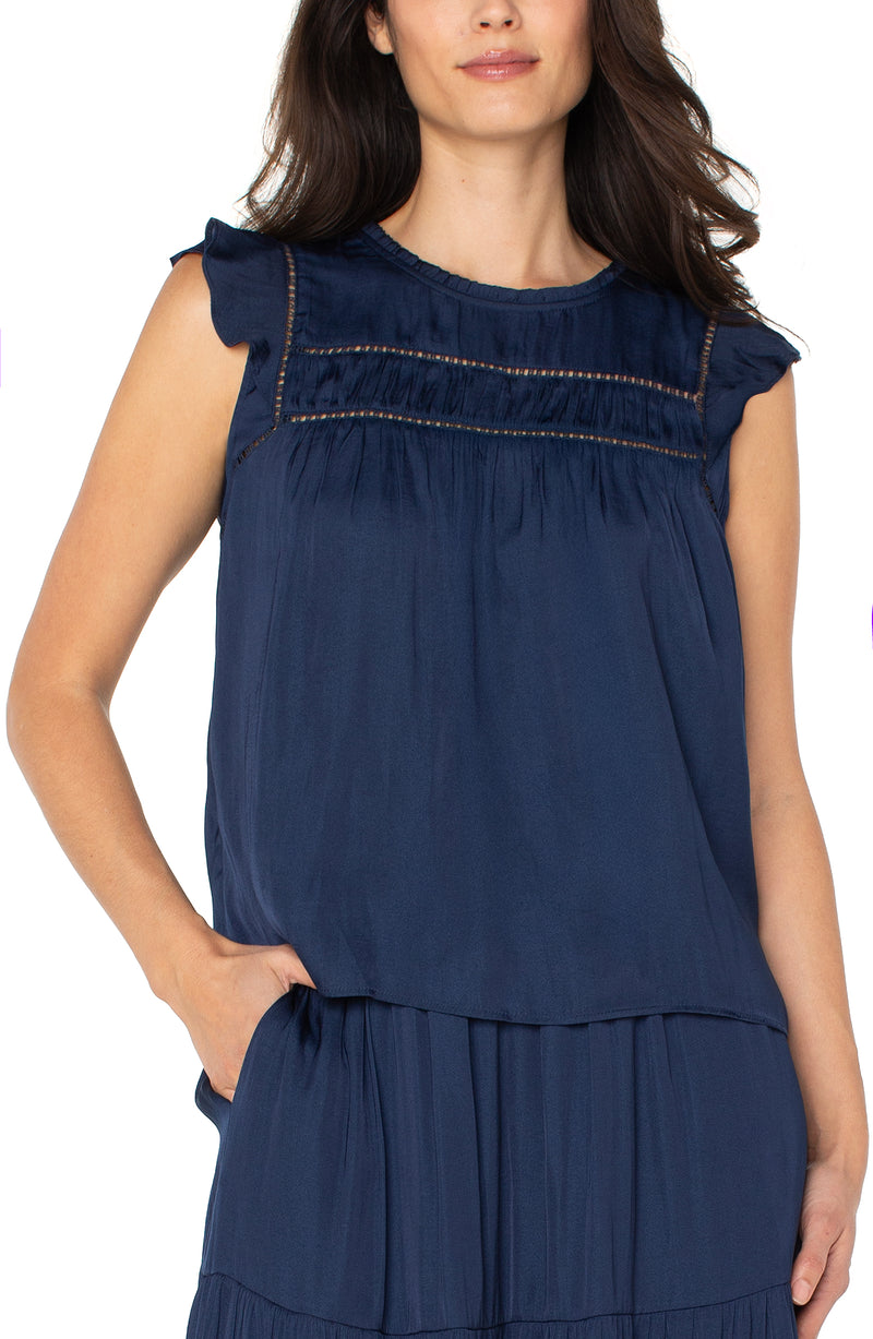 Liverpool Flutter Sleeve Woven Top w/ Trim Detail - Dark Navy